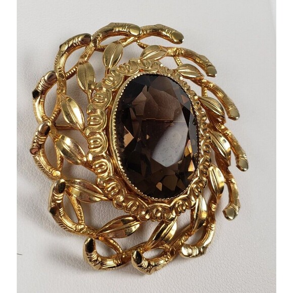 Danecraft 1960's Signed 1/20  12 K G.F. Mid Century Oval Smokey Topaz Brooch - Picture 6 of 16